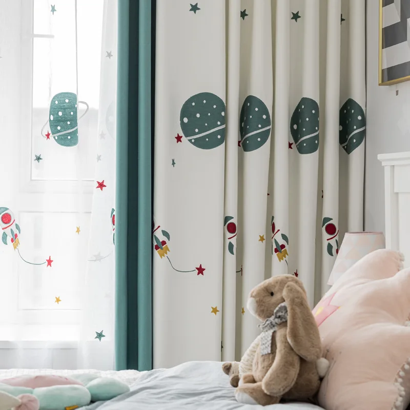 

Outer Space Boy Cartoon Beige Embroidered Curtains Children's Room Bedroom