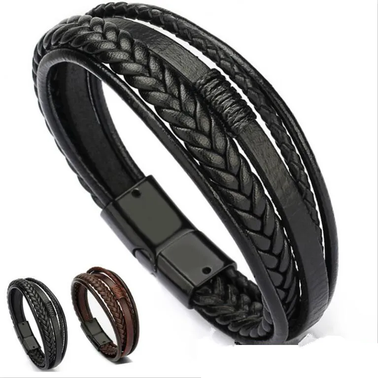 

New 2020 Mens leather bracelet Leather bangles for men Magnetic-Clasp Cowhide Braided Multi Layer Wrap Bracelet man