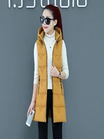2022 winter vest women mid long slim solid long zipper hooded waistcoat vest autumn sleeveless cotton padded parka coat