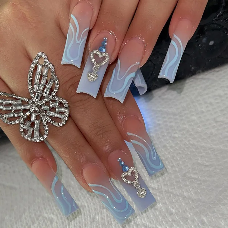 

24Pcs/box Long Ballet Gradient Blue Full Cover False Nails Tips Wave Line Designs Fake Nails with Glue Wearable Press on Nails