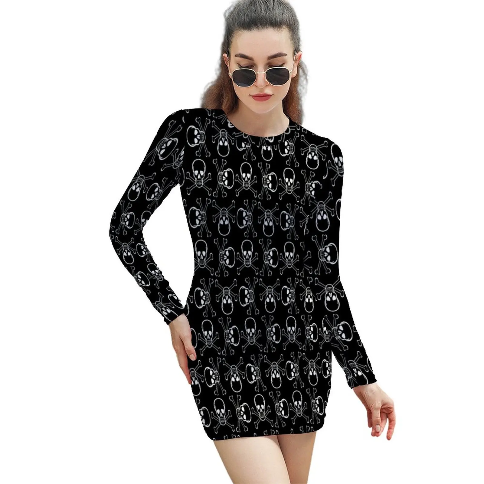

Gothic Print Bodycon Dress Female White Skulls Crossbones Pretty Dresses Spring Long Sleeve Street Wear Pattern Dress Large Size