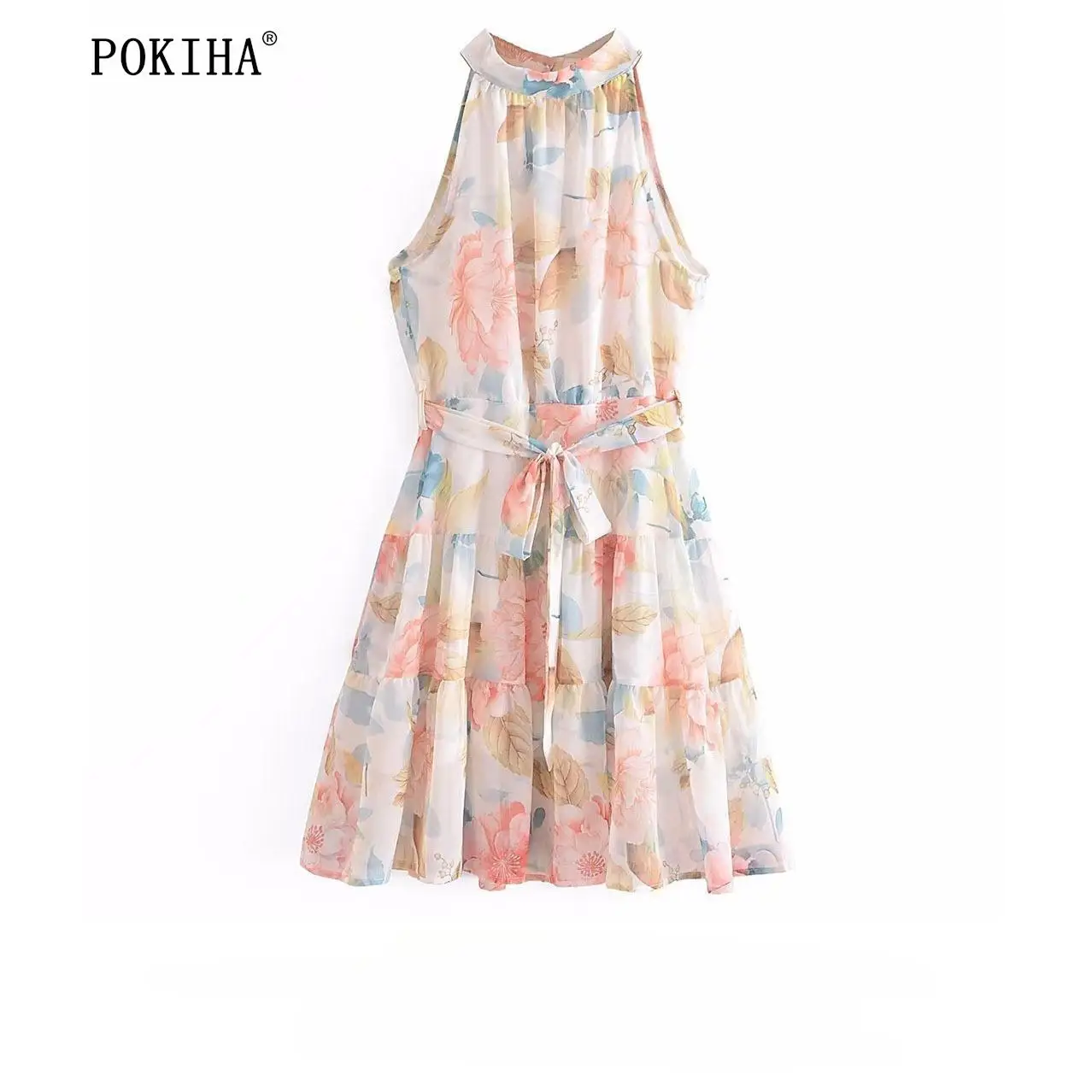 

Pokiha модное женское платье с цветочным принтом на бретельках праздничное облегающее мини-платье с бантом и открытыми плечами милые элегантные женские платья Mujer