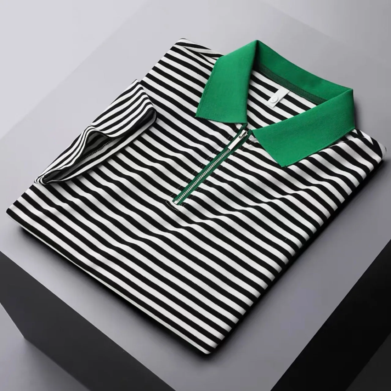 

High end contrast Lapel T-shirt mercerized cotton stripe short sleeve polo men's 2022 summer ice silk half sleeve top thin
