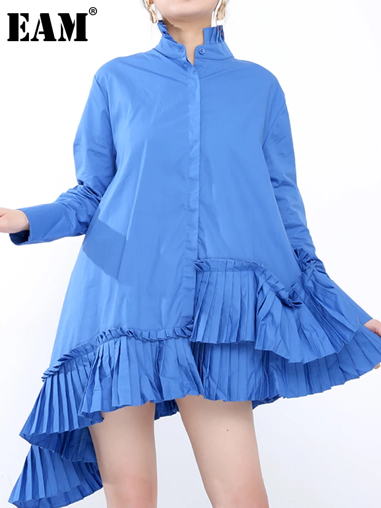 

[EAM] Women Blue Pleated Asymmetrical Shirt Dress New Stand Collar Long Sleeve Loose Fit Fashion Spring Autumn 2022 1D70105