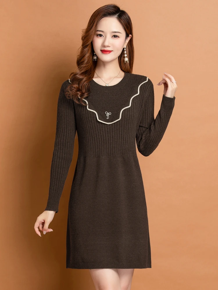 Трикотажное платье Женское осенне-зимнее новое пуловер средней длины с круглым