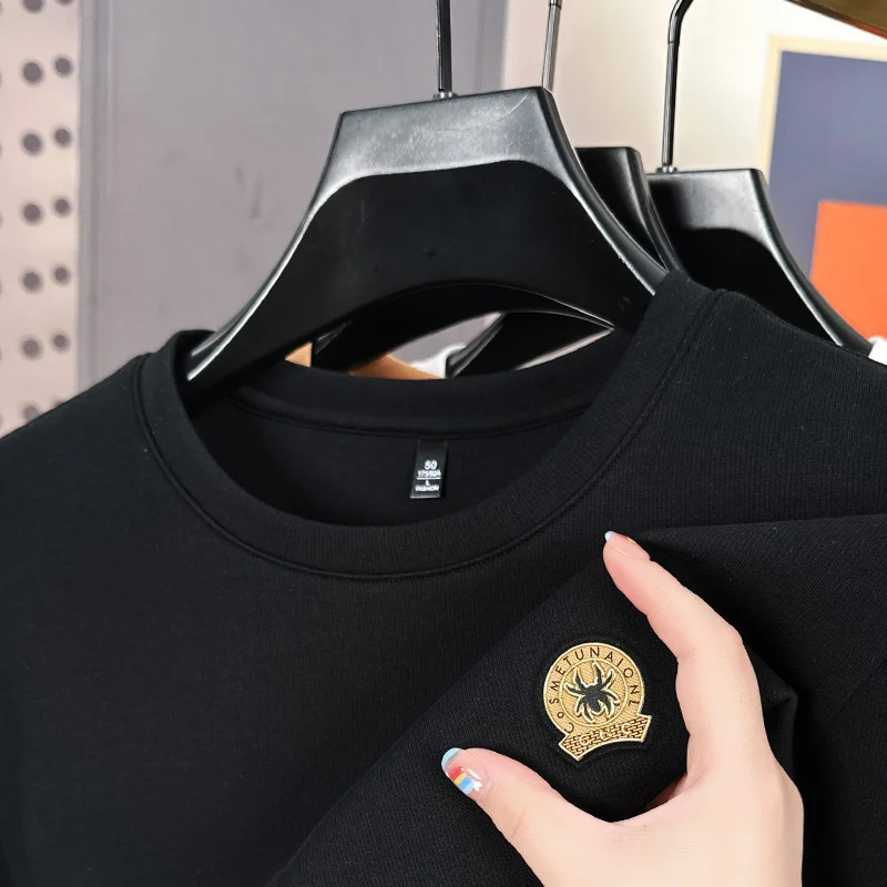 

Высококачественный Однотонный мужской пуловер с круглым вырезом и вышивкой, толстовки с принтом, новинка, корейский теплый модный топ с длинным рукавом для осени и зимы