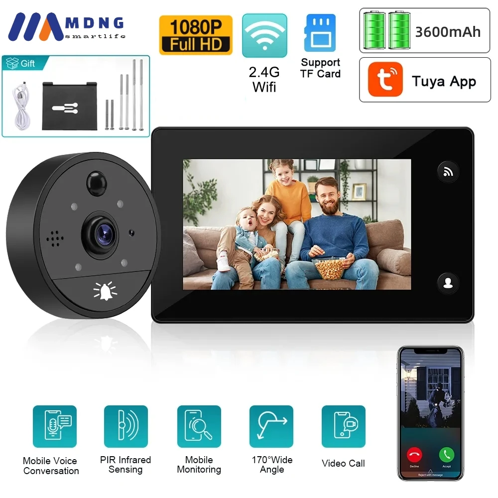 New Tuya 1080P WiFi Door Eye Peephole Camera Digital Magic Eye Wireless Doorbell Built-in 3600mAh Alexa Google Home Door Viewer