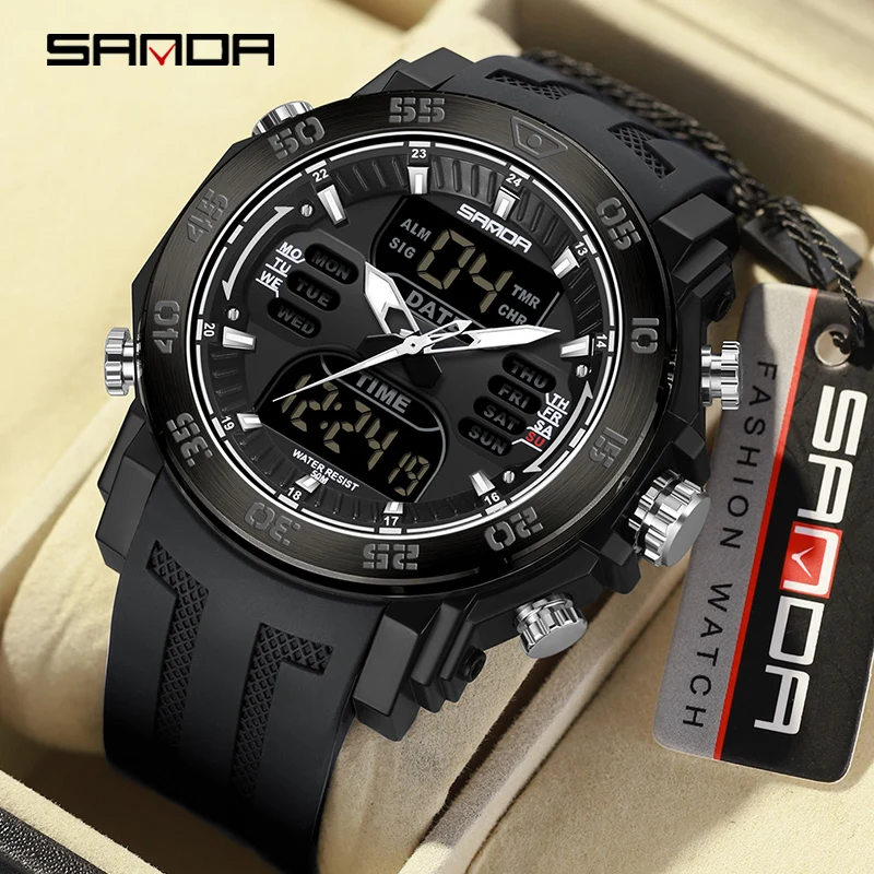 

SANDA Luxury Original Men Sports Wrist Watch Gold Quartz Steel Waterproof Dual Display Clock Watches Relogio Masculino 6029