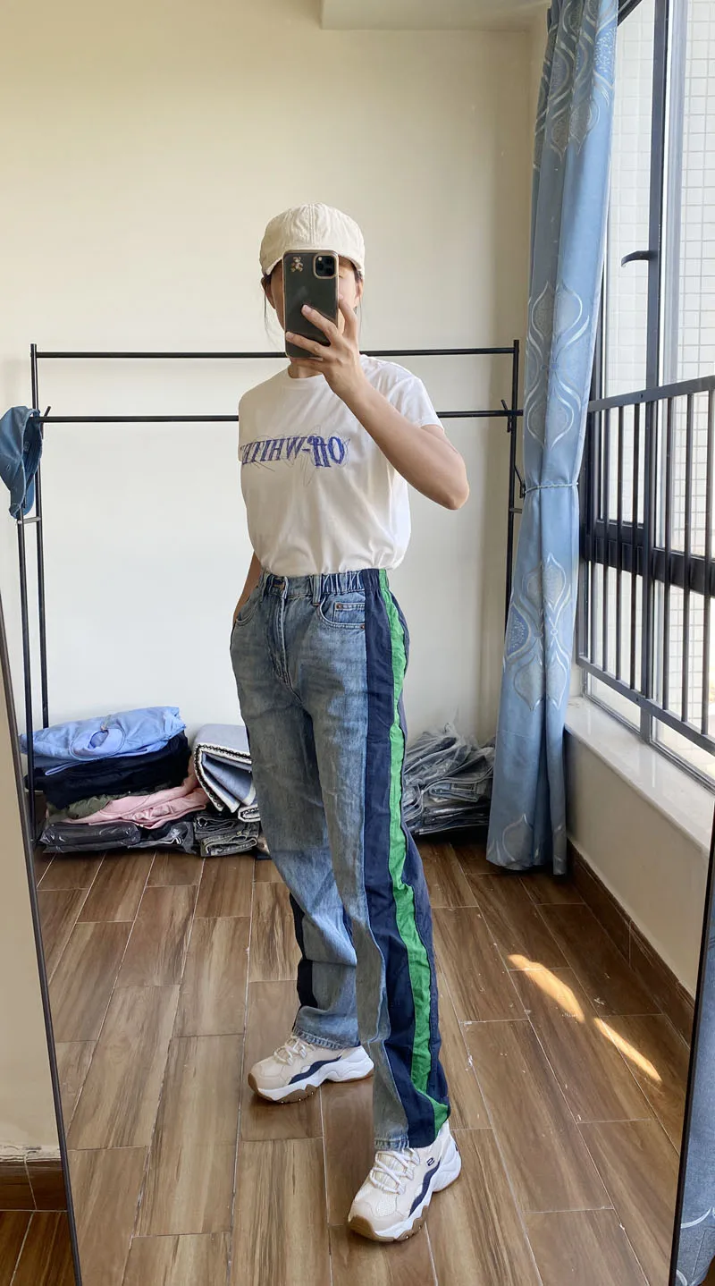 Spring / Summer New Street Double-Sided Stitching Embroidered Letters Versatile Casual Pants Loose Straight Blue Jeans