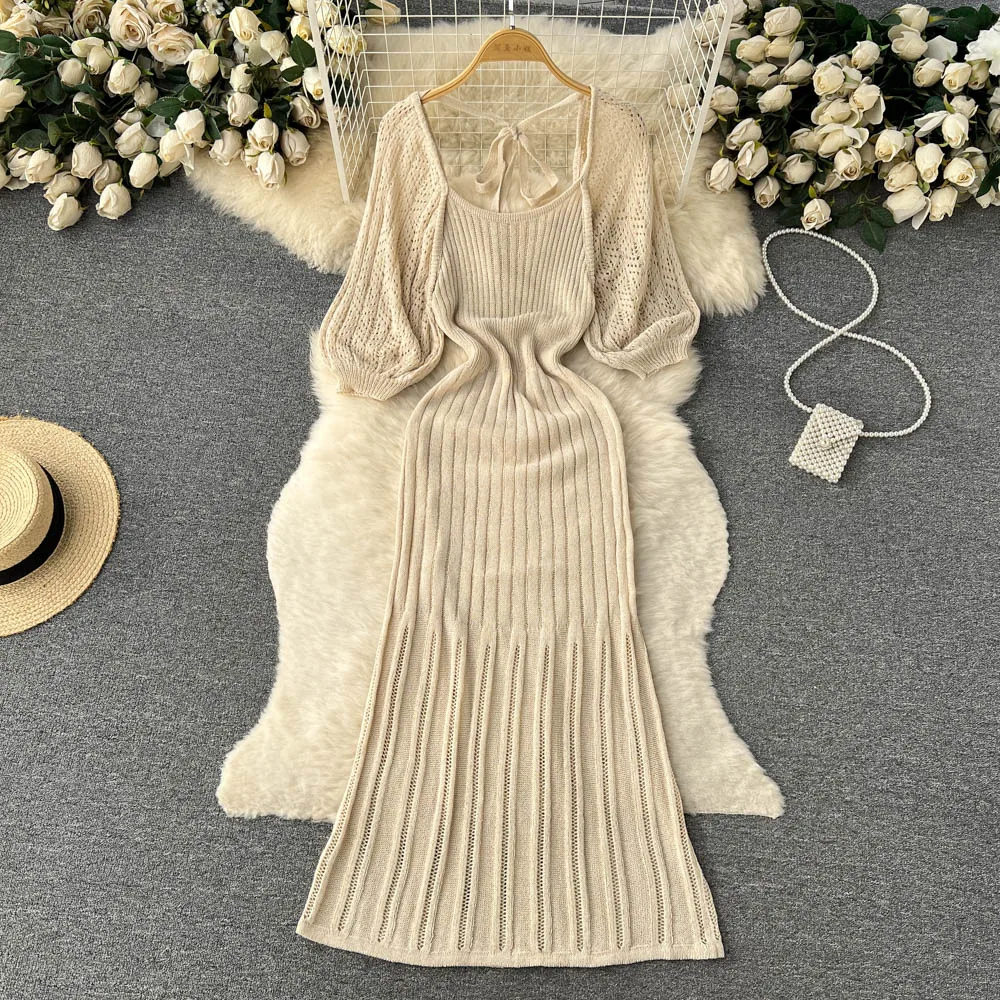 

Spring 2023 Korean Version Gentle Wind Suspender Puff Sleeve Tie Square Neck Openwork Fishtail Maxi Dresses for Women