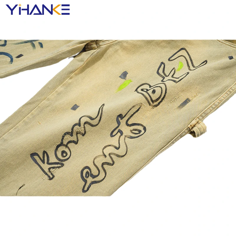 High Street Graffiti Printing Brand Jeans Guochao Brand New Straight Light Color Washed Long Pants Men's Street Men's Clothing