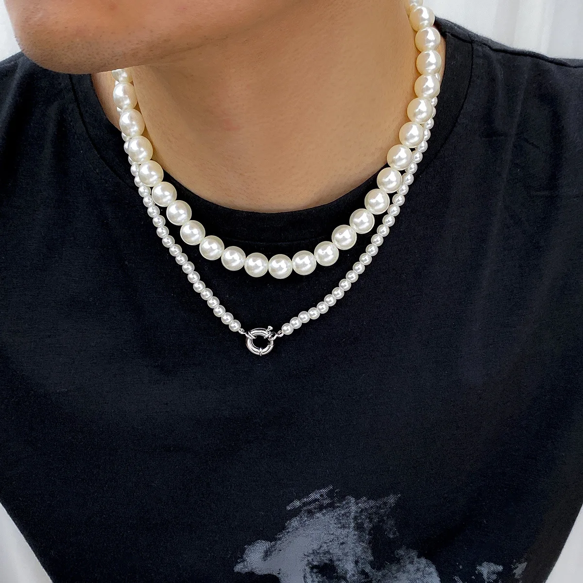 

2pcs Set Spring Buckle Pearl Beads Chain Choker Necklace Men Jewelry 2022 Trend Statement Hip hop Male Necklaces Collar Gifts