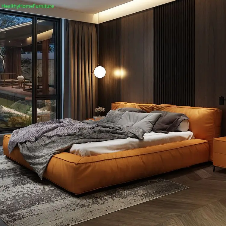 

Italian Leather Bed Bedroom Furniture Nordic 1.5m 1.8m Double Leather Bed Frame Queen Soft Backrest High Quality Latex Mattress