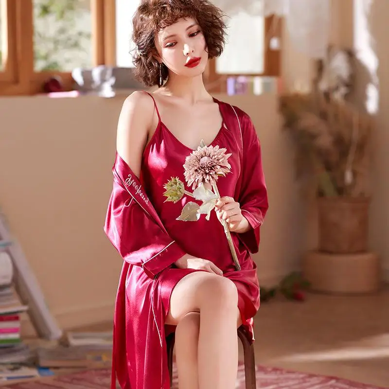 2Pcs Sexy Robe Women's Pajamas Set V-Neck Sleepwear Lace Night Dress Home Clothes Nightwear Lingerie Robes Suit Oversize Nightie