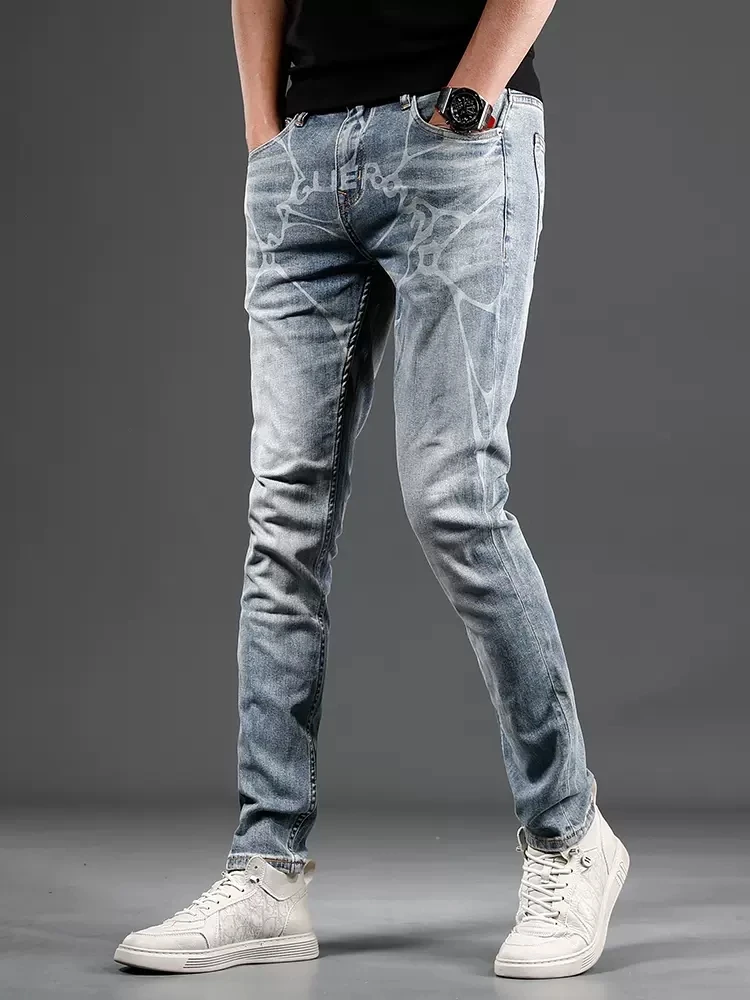 Casual Light Blue Men's Jeans Summer Fashion Printed Slim Fit Straight Denim Pants CP2270