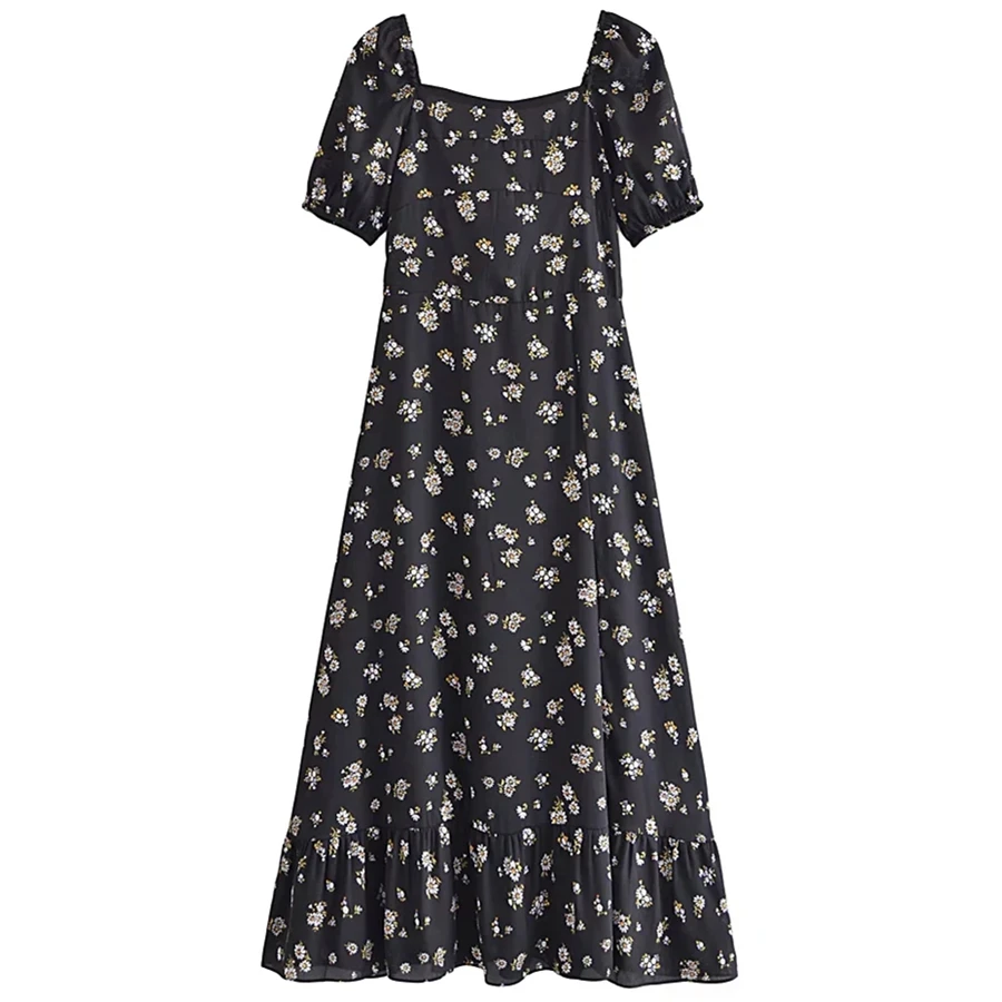 

Dave&Di 2022 Retro Square Collar Summer Dress Women Indie Folk France Style Vintage Daisy Print Chiffon Bohemian Maxi Dress