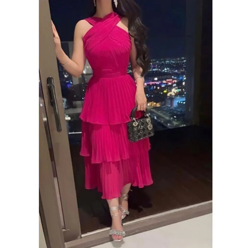 Fuchsia Long Prom Dresses Pleated Tiered Tea Length Party Gowns Special Occasion Vestidos De Fiesta Evening Dress
