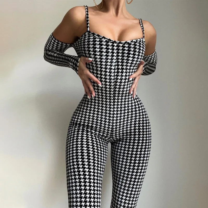 

Mandylandy Women Elegant Plaid JUmpsuit Lady Fashion Sexy Harajuku Strap High Waist Corset Halter Skinny Romper Long Trousers