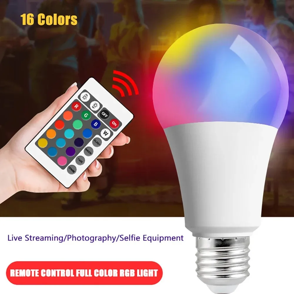 Фото E27 RGB светодиодная лампа 220 В, многоцветная белая лампа, меняющая цвет с ИК-пультом дистанционного управления для спальни, вечеринки, домашнего декора №2