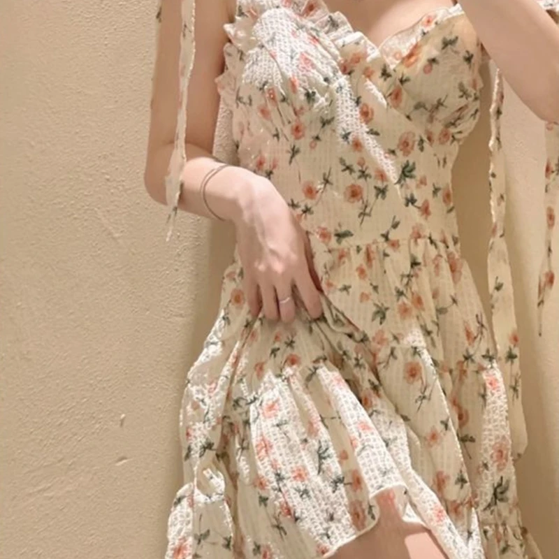 

Women Summer Tie Up Strap V-Neck Floral Print Mini Swing Dress Frill Trim Vintage Waffle Texture Empire High Waist A-Line Ruffle