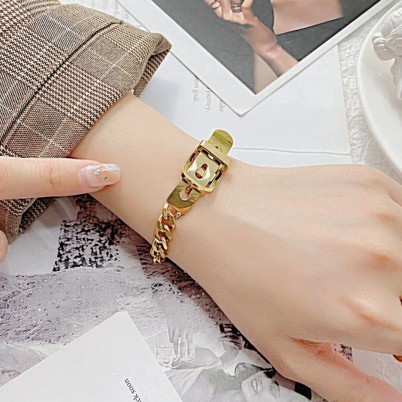 

Trendy Punk Stainless Steel Belt Buckle Bracelet Women High Quality 14K Metal Chain Bracelet pulseras mujer Fashion Jewelry