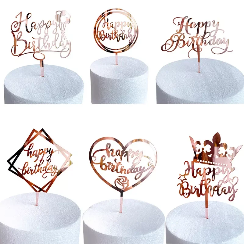 

Rose Golden Happy Birthday Cake Topper Gold Acrylic Cake Insert Birthday Party Dessert Decoration Baking Supplies