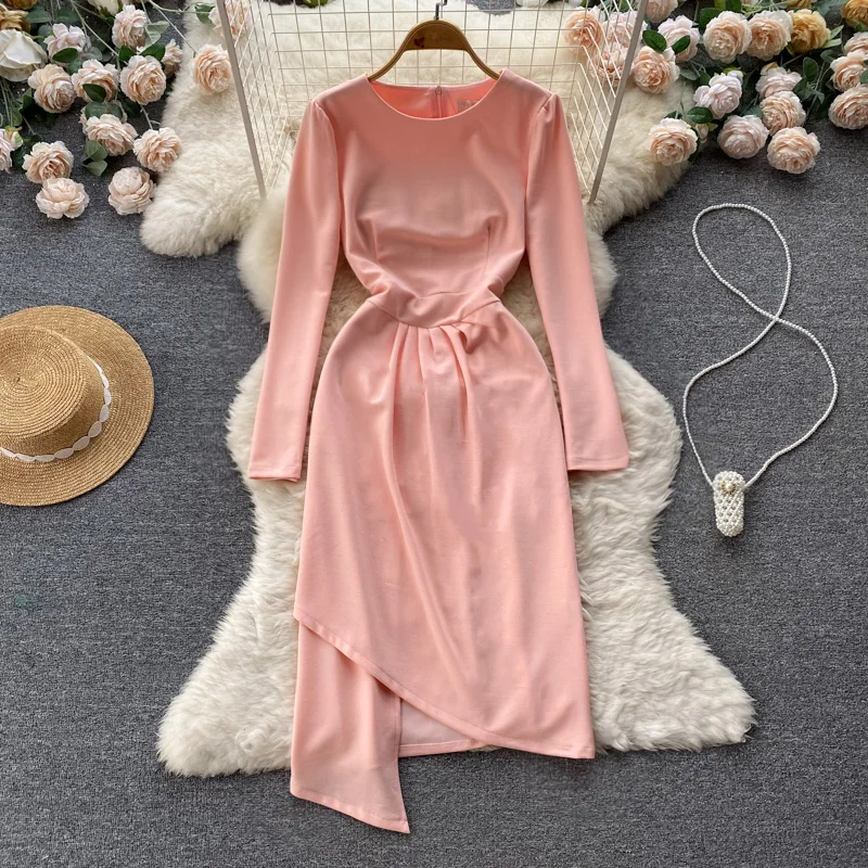 

Ladies Dress 2022 Autumn New Long Sleeve Pullover Solid Color Round Neck Dress Slim Fashion Elegant Women's Clothing