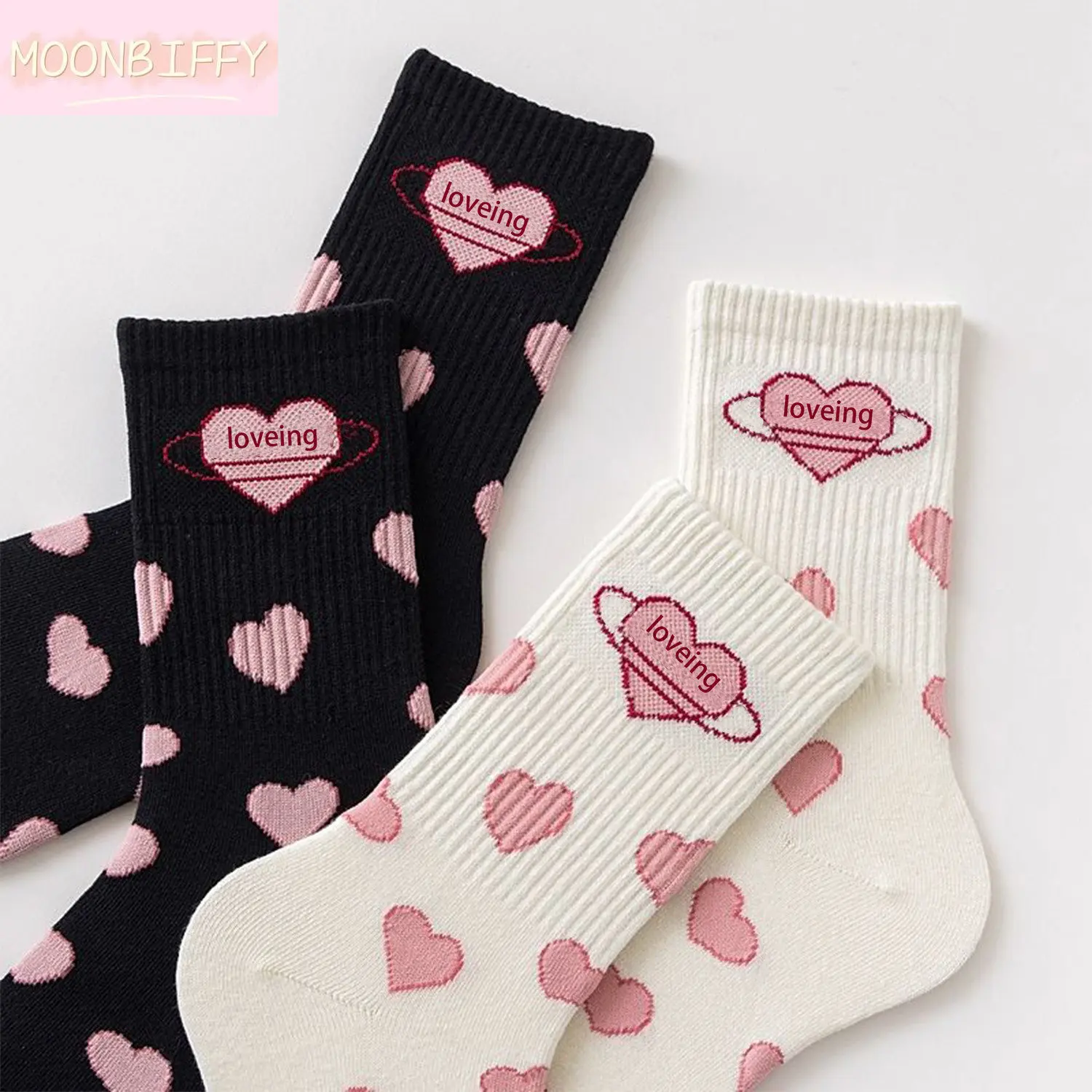 

1 Pairs Big Pink Love Black White Mid-tube Sock Cute Students Girls JK Lolita Socks Simple Fashionable Socks