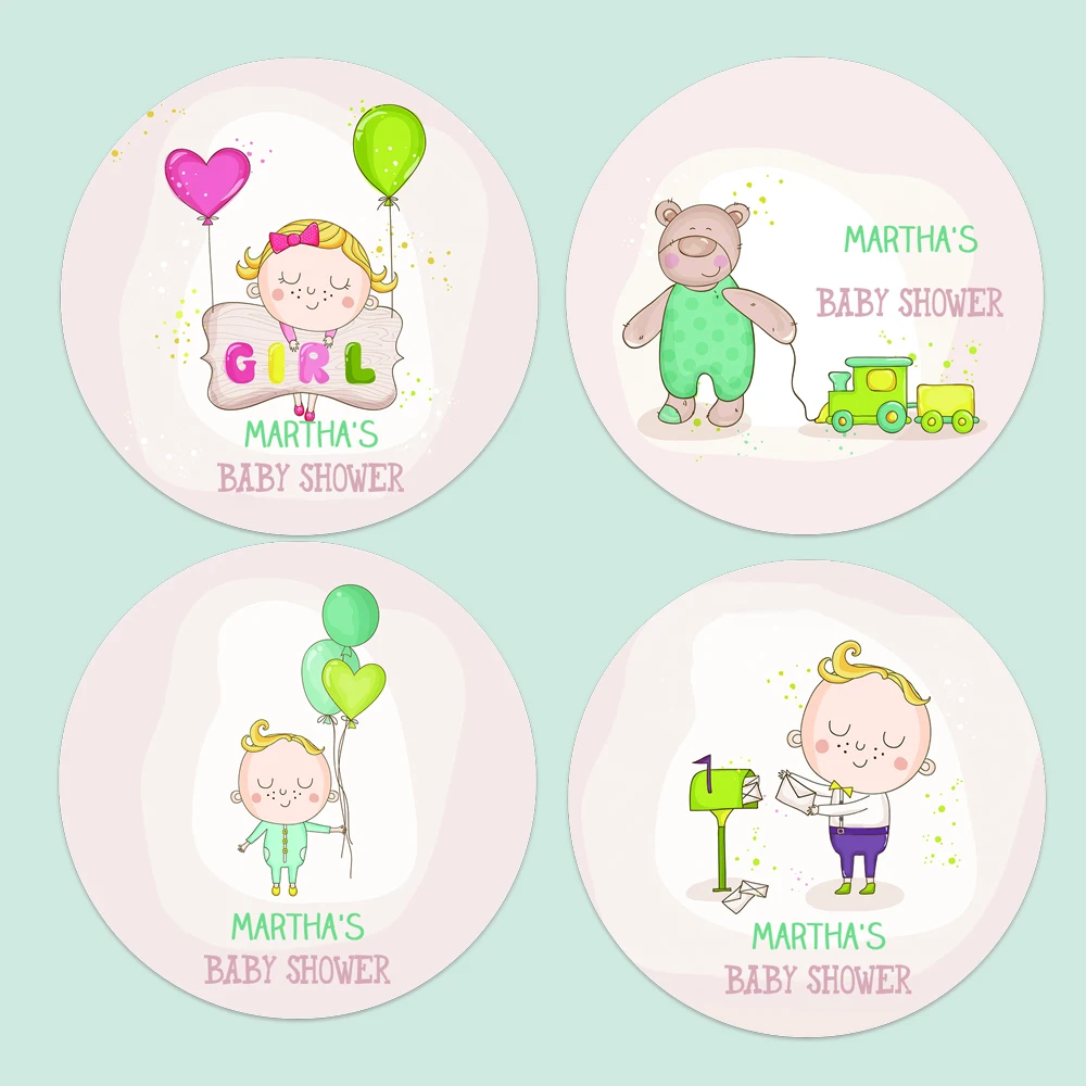 

Custom Round Stickers Cartoon Air Balloon Baby Shower Favor Stickers Personalized Customize Name Date Text Kids Gift Labels