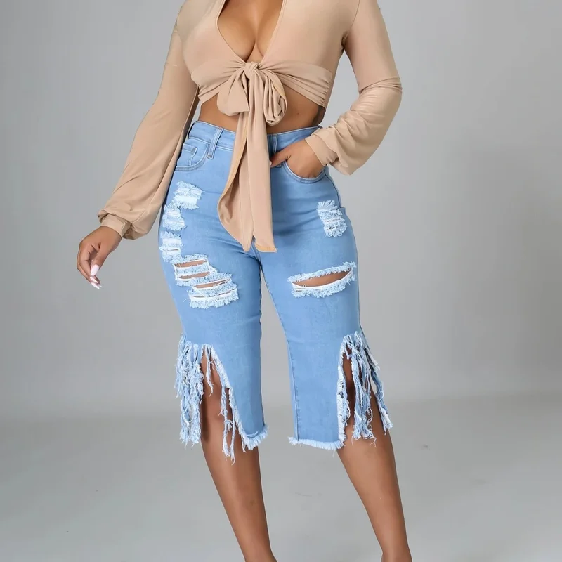 Sexy Women Jeans Hole Ripped Tassle Low Waist Elastic Flare Knee Length Denim Pants indie Fashion High Street Trousers 2023