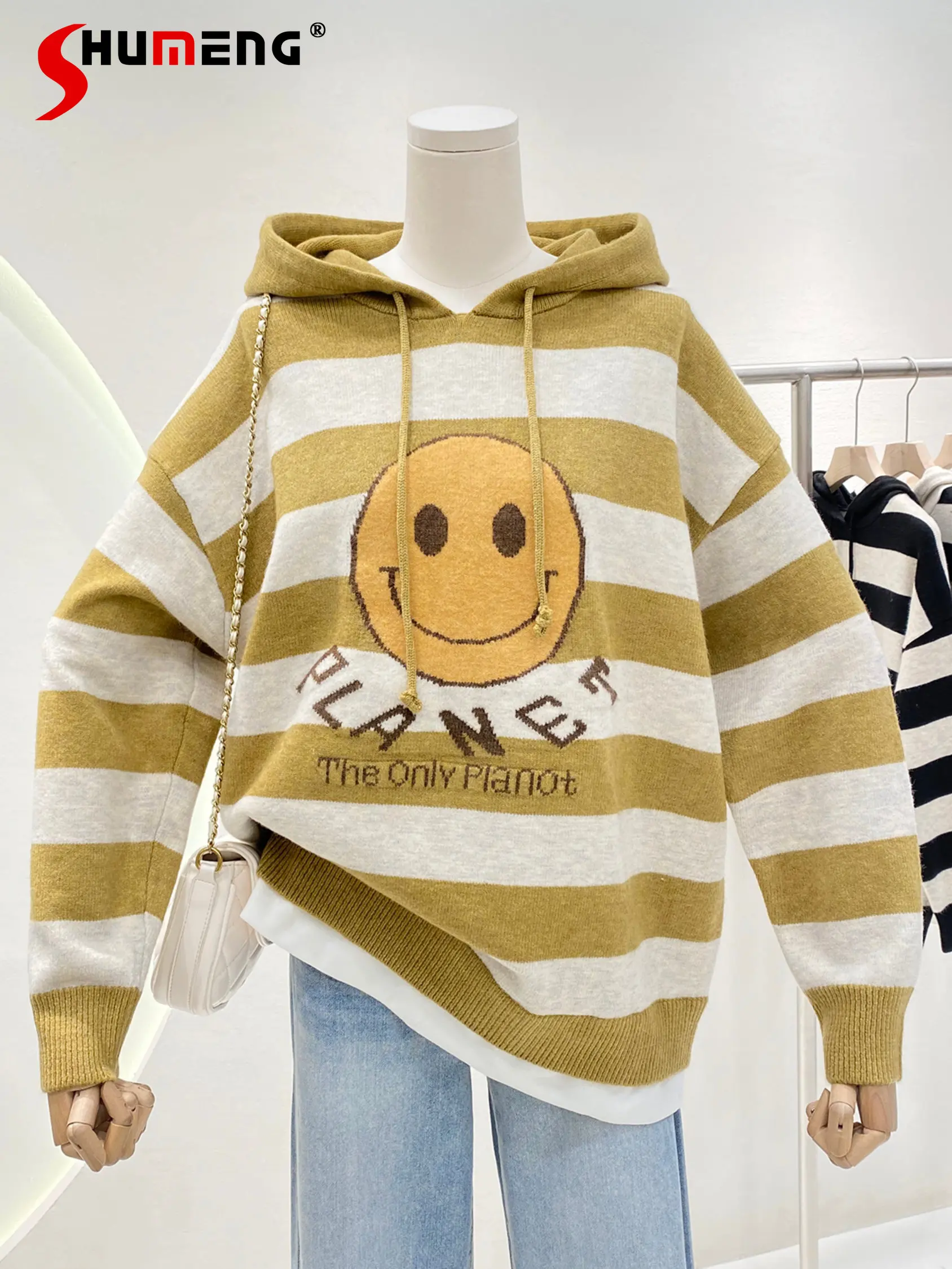 

Fashion Smile Face Jacquard Striped Hooded Sweater Women's Fall Winter 2022 Korean Style Loose Casual Thickening Knitted Top