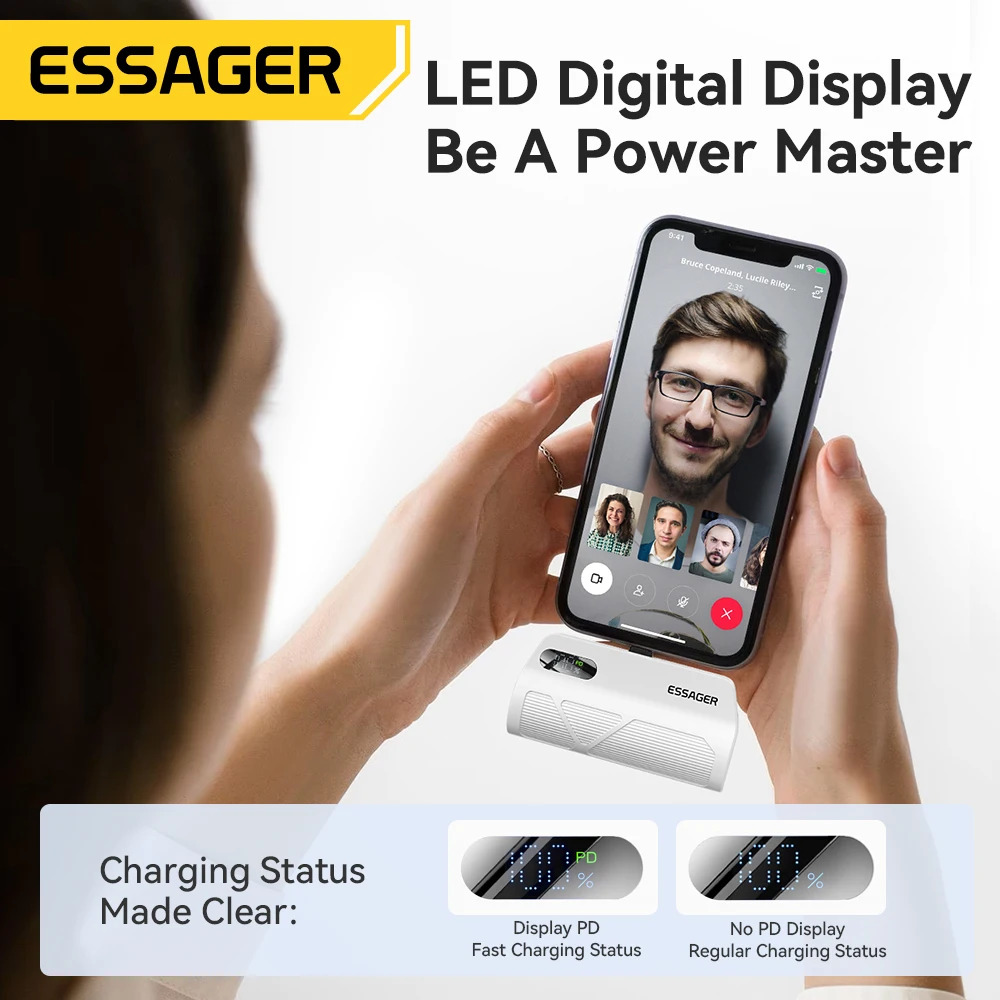 Essager Mini Power Bank 20 Вт 5000 мАч Type-C/Lighting Внешняя батарея с быстрой зарядкой для iPhone 16 15 14