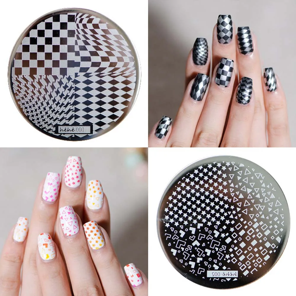 

1Pcs Round Nail Stamping Plate Checkerboard Geometric Black&White Stainless Steel Image Stencils 5.5CM Printing Nails Decor Tool