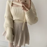 Women's Autumn and Winter Vintage Temperament Two Piece Set Sweaters Fashion New Style High-end Versatile Knitted Vest Blouse
