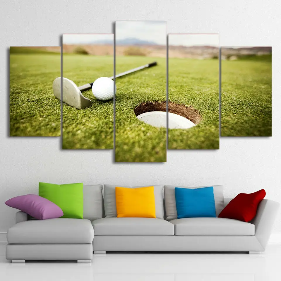 Iron Putter Near Hole Poster 5 Panel Canvas Print Wall Art Home Decor Hd Print Pictures No Framed 5 Piece Room Decor