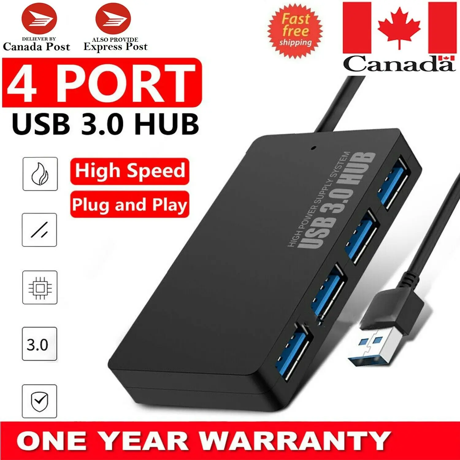 

3.0 HIGH SPEED 4 PORT USB HUB MULTI SPLITTER EXPANSION DESKTOP PC LAPTOP