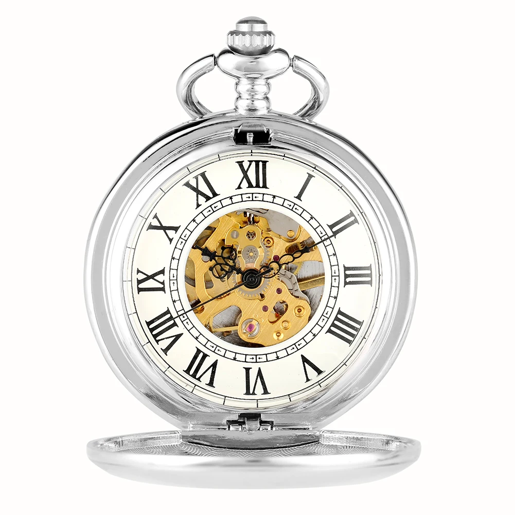 Mirror Smooth Half Hunter Silver Mechanical Pocket Watch Hand-Winding Mechanism Movement Roman Numerals Dial Manual Pocket Clock
