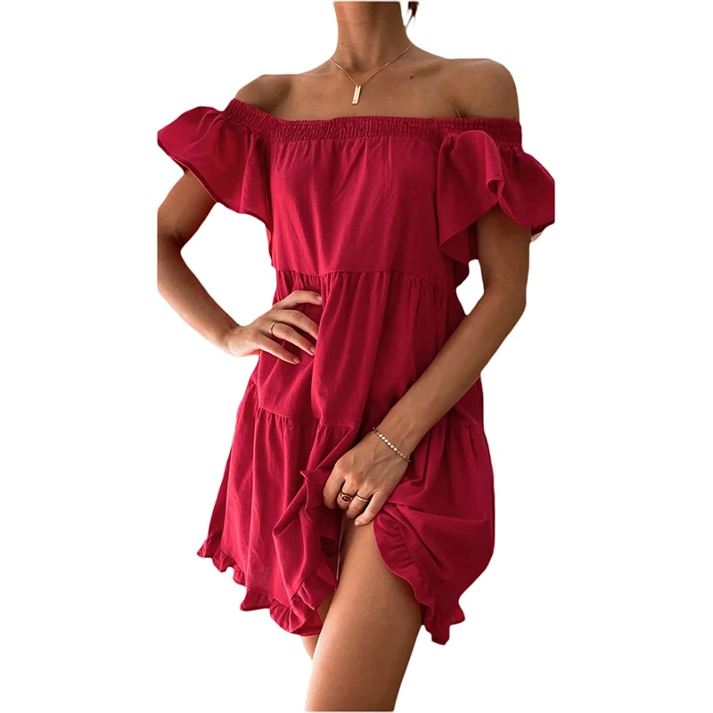 

Женское пляжное платье с коротким рукавом-бабочкой, вырезом лодочкой и открытыми плечами