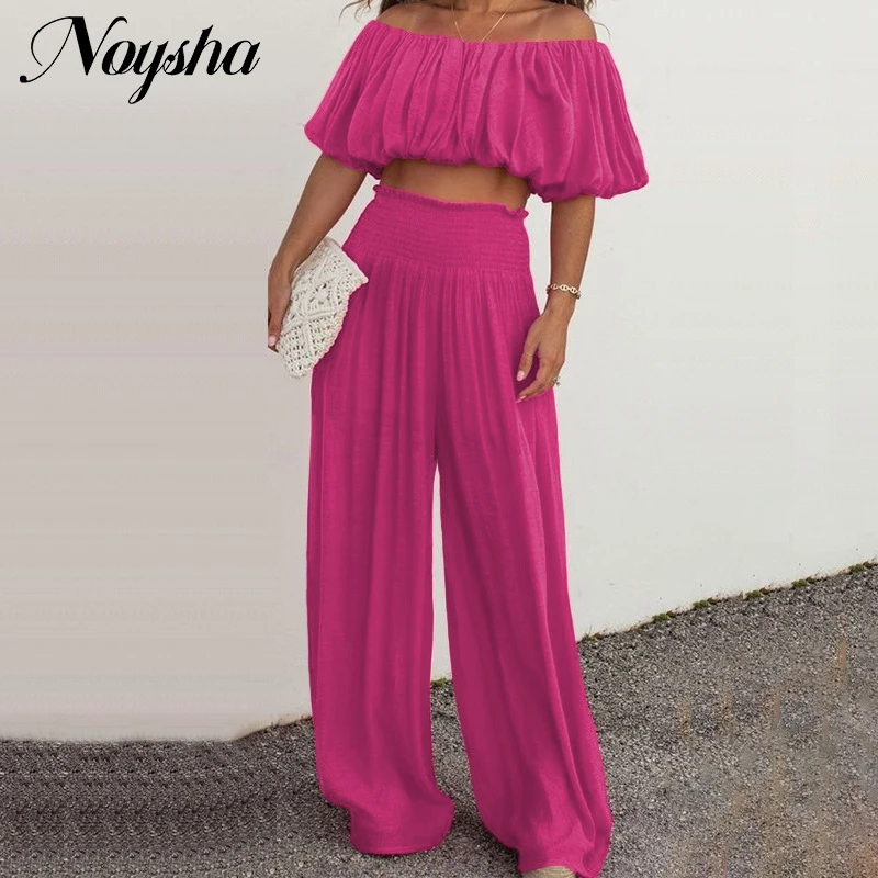 

Elegant Outfits for Women 2023 Summer Sexy Off-Shoulder Mini Tops Elastic Waist Pants Two-piece Female Street Chic Pants Set