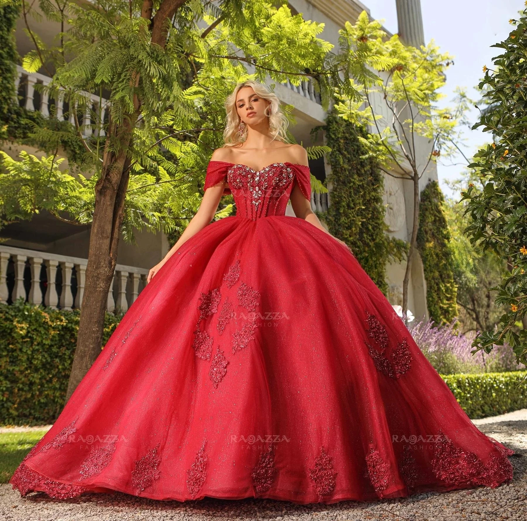 

Red Charro Quinceanera Dresses Ball Gown Off The Shoulder Tulle Appliques Beaded Puffy Mexican Sweet 16 Dresses 15 Anos