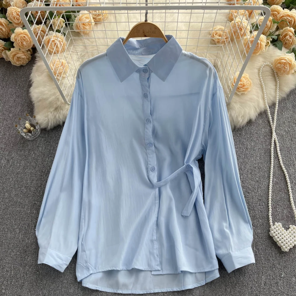 

VANOVICH Temperament Lace-up Thin French Style Loose Long-sleeved Shirt Summer New Solid Color Polo-Neck Chiffon Casual Shirts