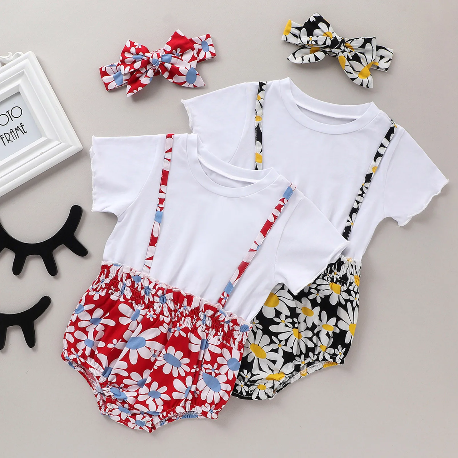 

Newborn Infant Baby Girl Romper Headbands Set Floral Print Suspender Jumpsuit For Baby Girls Short Sleeve Fashion Baby Clothing