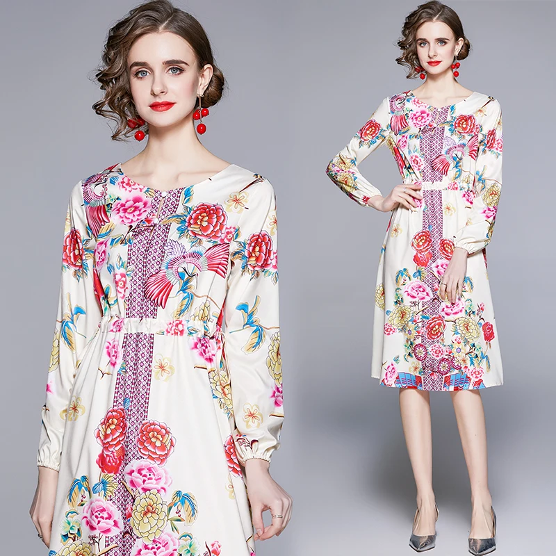 

Women's Dress Chiffon O-neck Print Party High Waist Fashion Lady A-LINE Summer Mid Houthion