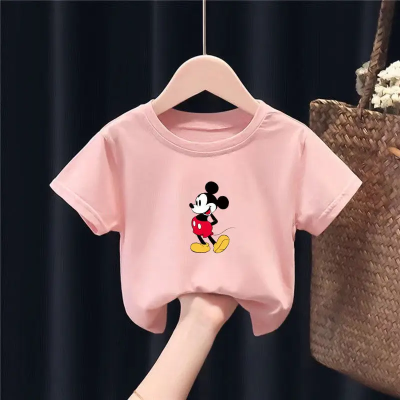 

Летняя детская одежда Disney, футболка с коротким рукавом для маленьких девочек с мультяшным принтом Микки и Минни, розовая, белая Милая повсед...