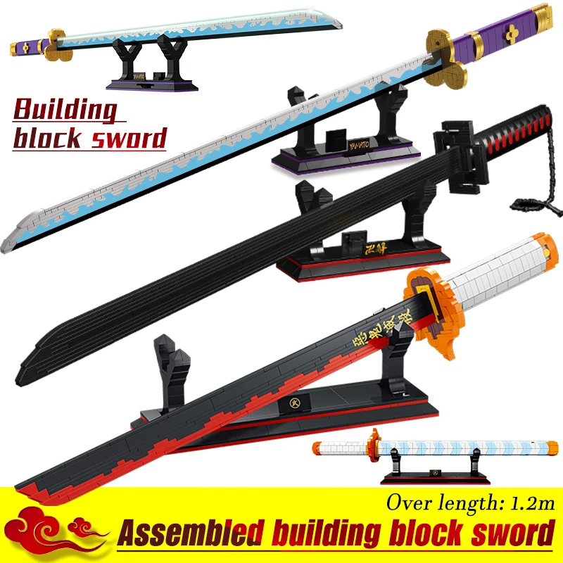 96cm/936pcs One Piece Demon Slayer Katana Building Block Model Building Kits Assembly Ninja Sword Weapon Toy Brick for Children