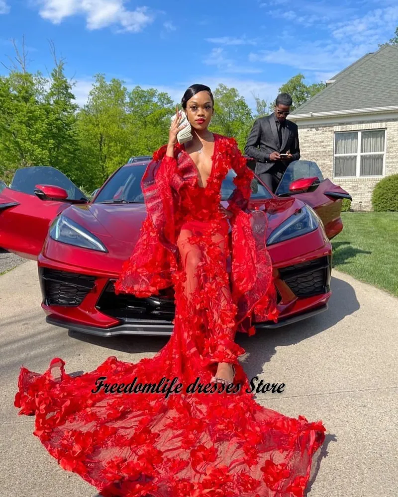 

Cara&Alan Sexy Deep V Neck Red Mermaid Prom Dresses With 3D Floral Long Sleeves Evening Gowns Custom Made Party Wear