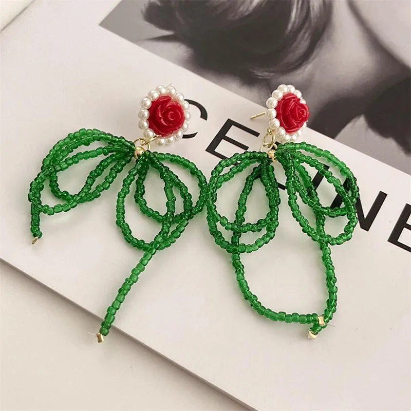 

925 Silver Needle Crystal Bow Flower Tassel Earrings Summer High-End Retro Exaggerated Long Section