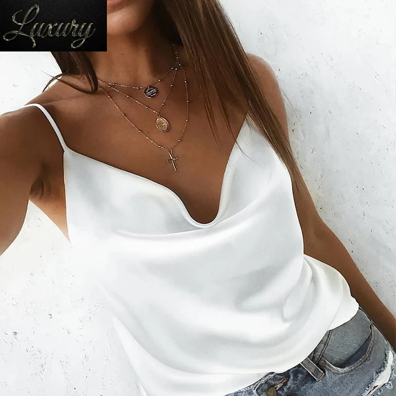 

Spaghetti Strap Women Tops Solid Satin Backless Sexy Camis Shirts Feminino Casual Club Camisole