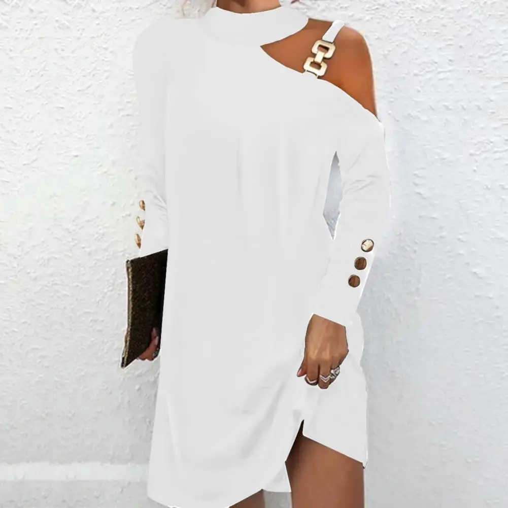 

Halter Neck Dress Clubwear Mini Dress with Metal Chain Decor Halter Neck One Shoulder Stylish Women's Fall Fashion Women Mini