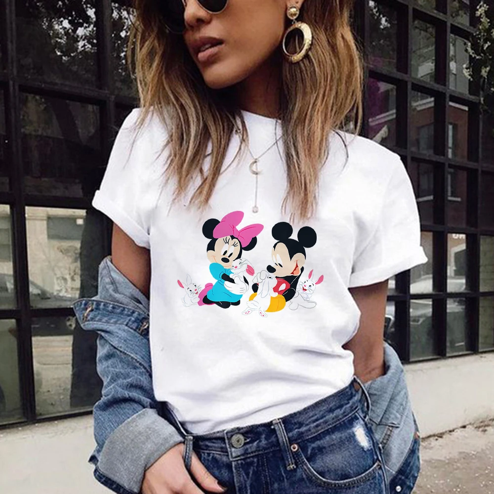 

Disney Minimalist Minnie And Mickey Mouse Graphic Women T Shirt Summer New Kawaii Print Casual Short Sleeve Dropship Female Tops